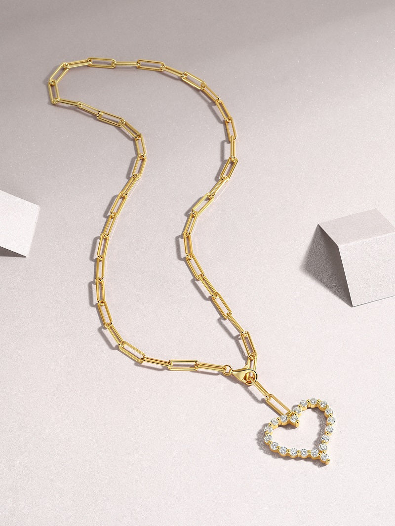 925 Sterling Silver Gold Moissanite Heart Paperclip Necklace