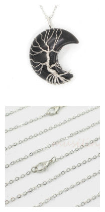 Crafted Sliver Natural Amethyst Jade Quarts Opal Tiger Eye Onyx Crystal Moon Tree Pendant Necklace