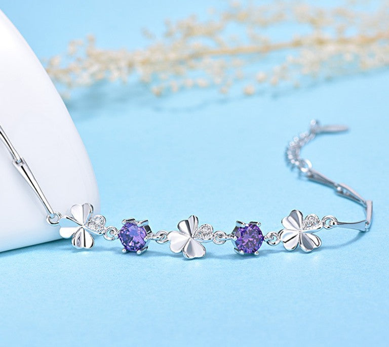 925 Sterling Silver Amethyst Four Leaf Clover Bracelet