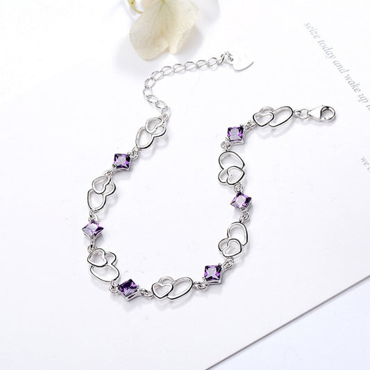 925 Sterling Silver Amethyst Double Heart Bracelet