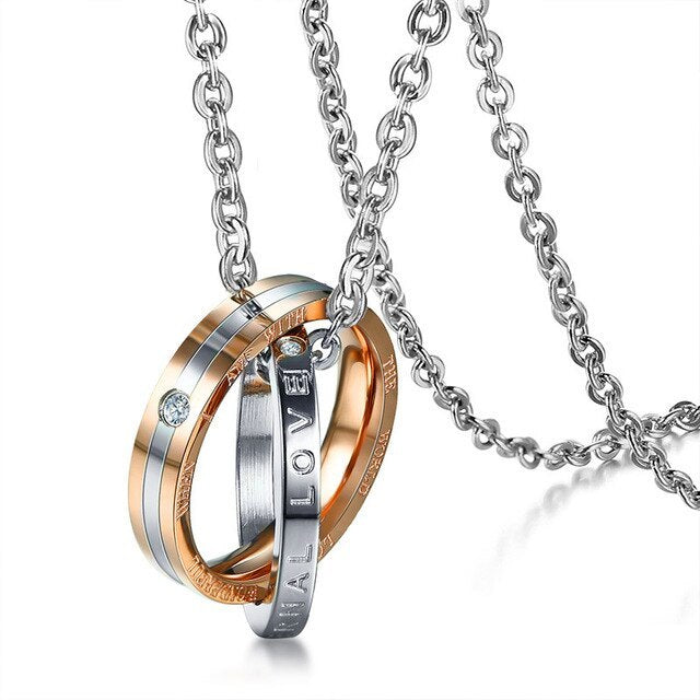 Titanium Steel Rose Gold Cubic Zirconia Couple Necklace