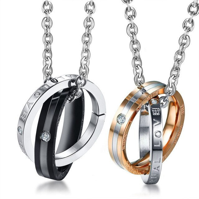 Titanium Steel Rose Gold Cubic Zirconia Couple Necklace