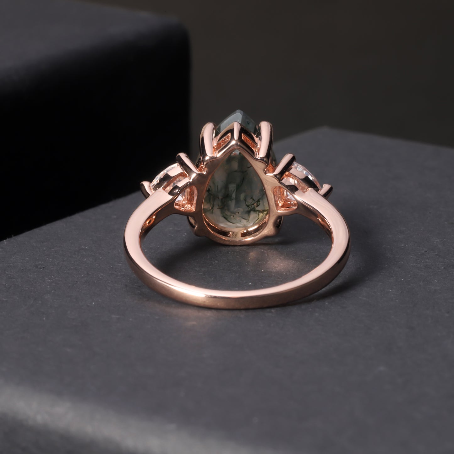 925 Sterling Silver Rose Gold Natural Water Agate Moissanite Ring