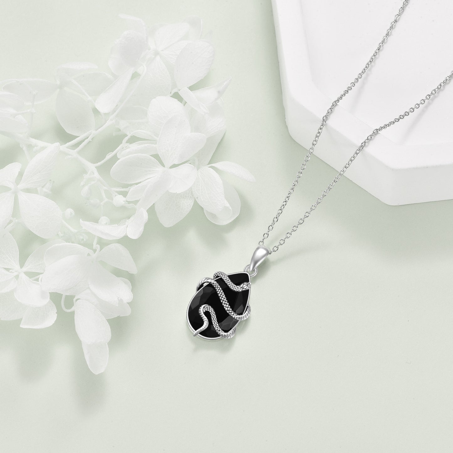 925 Sterling Silver Black Obsidian Tourmaline Snake Necklace