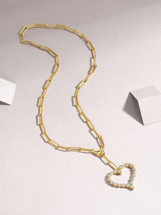 925 Sterling Silver Gold Moissanite Heart Paperclip Necklace