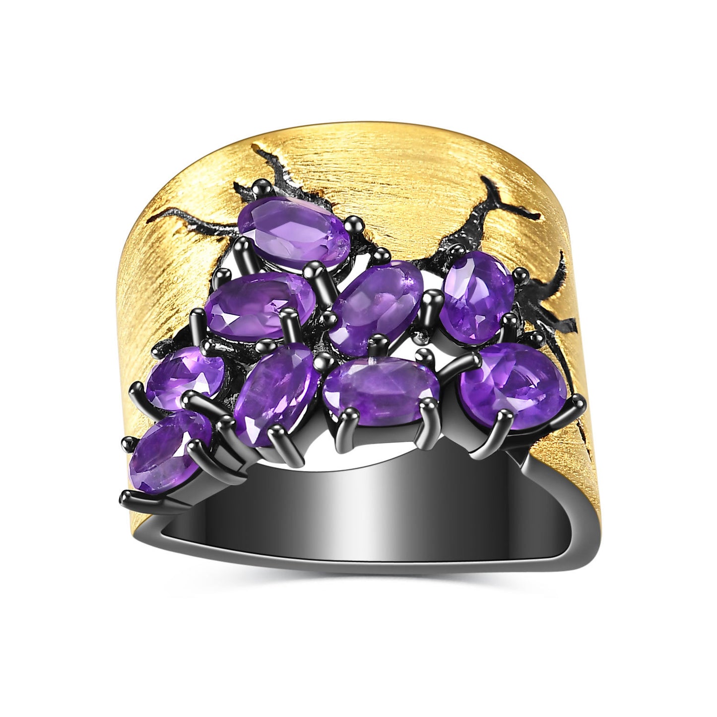 925 Sterling Silver Gold Inlaid Amethyst London Blue Topaz Peridot Ring