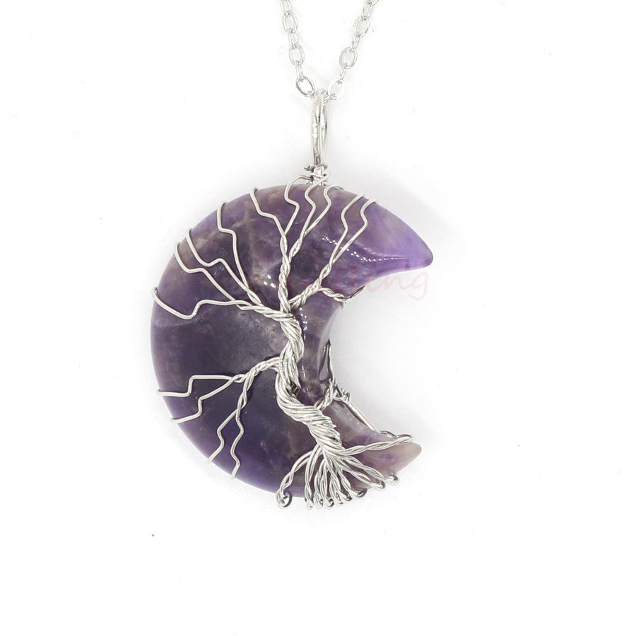 Crafted Sliver Natural Amethyst Jade Quarts Opal Tiger Eye Onyx Crystal Moon Tree Pendant Necklace