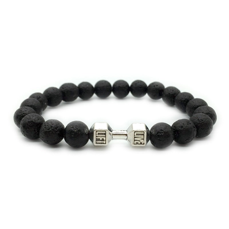 Lava Rock Stone Beads Alloy Metal Barbell Bracelet