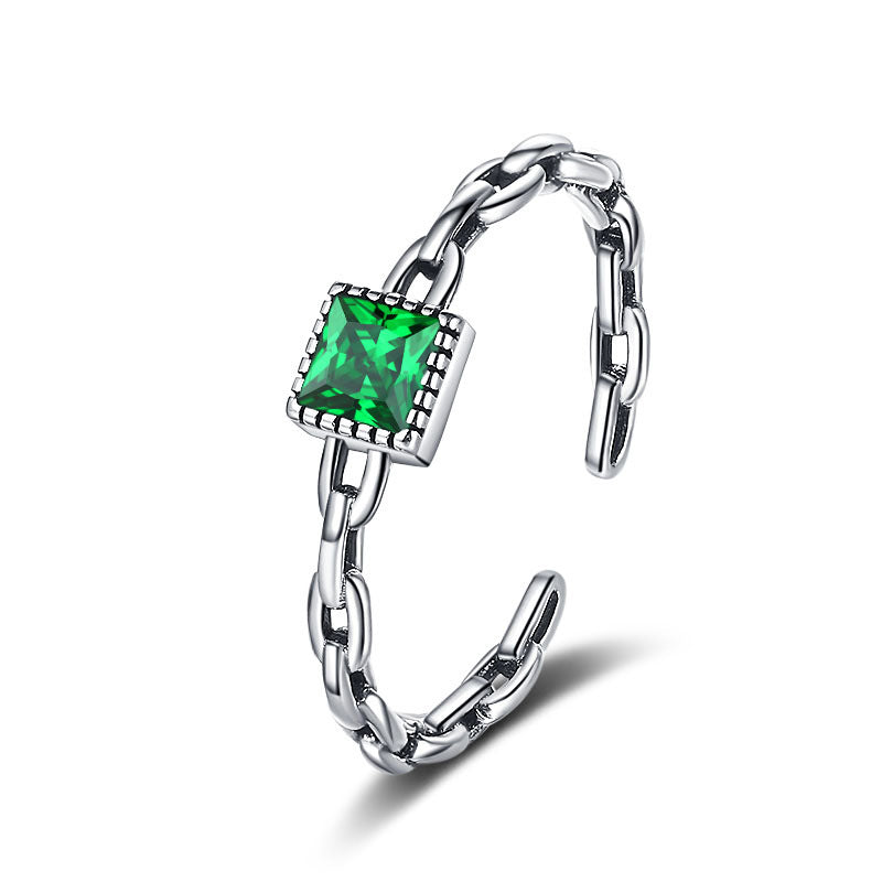 925 Sterling Silver Green Zircon Chain Ring