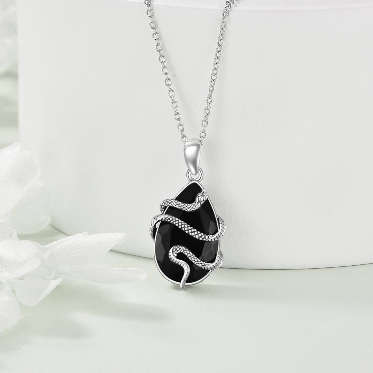 925 Sterling Silver Black Obsidian Tourmaline Snake Necklace