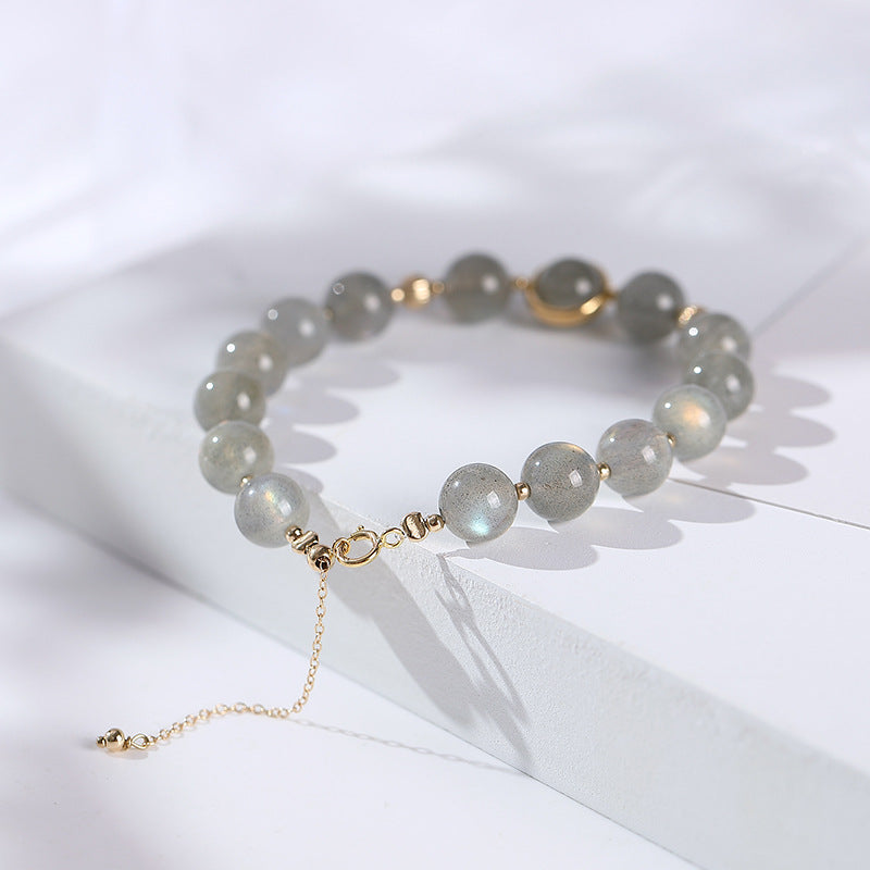 925 Sterling Silver 14K Gold Pink Quarts Moonstone Agate Bracelet