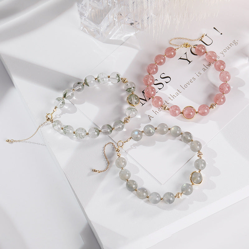925 Sterling Silver 14K Gold Pink Quarts Moonstone Agate Bracelet