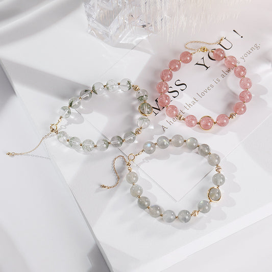 925 Sterling Silver 14K Gold Pink Quarts Moonstone Agate Bracelet