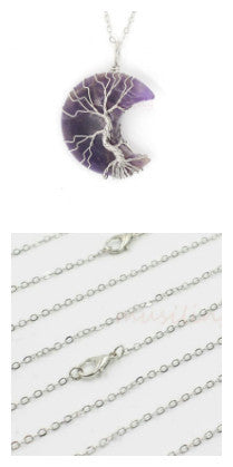 Crafted Sliver Natural Amethyst Jade Quarts Opal Tiger Eye Onyx Crystal Moon Tree Pendant Necklace