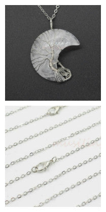 Crafted Sliver Natural Amethyst Jade Quarts Opal Tiger Eye Onyx Crystal Moon Tree Pendant Necklace