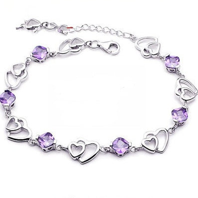 925 Sterling Silver Amethyst Double Heart Bracelet