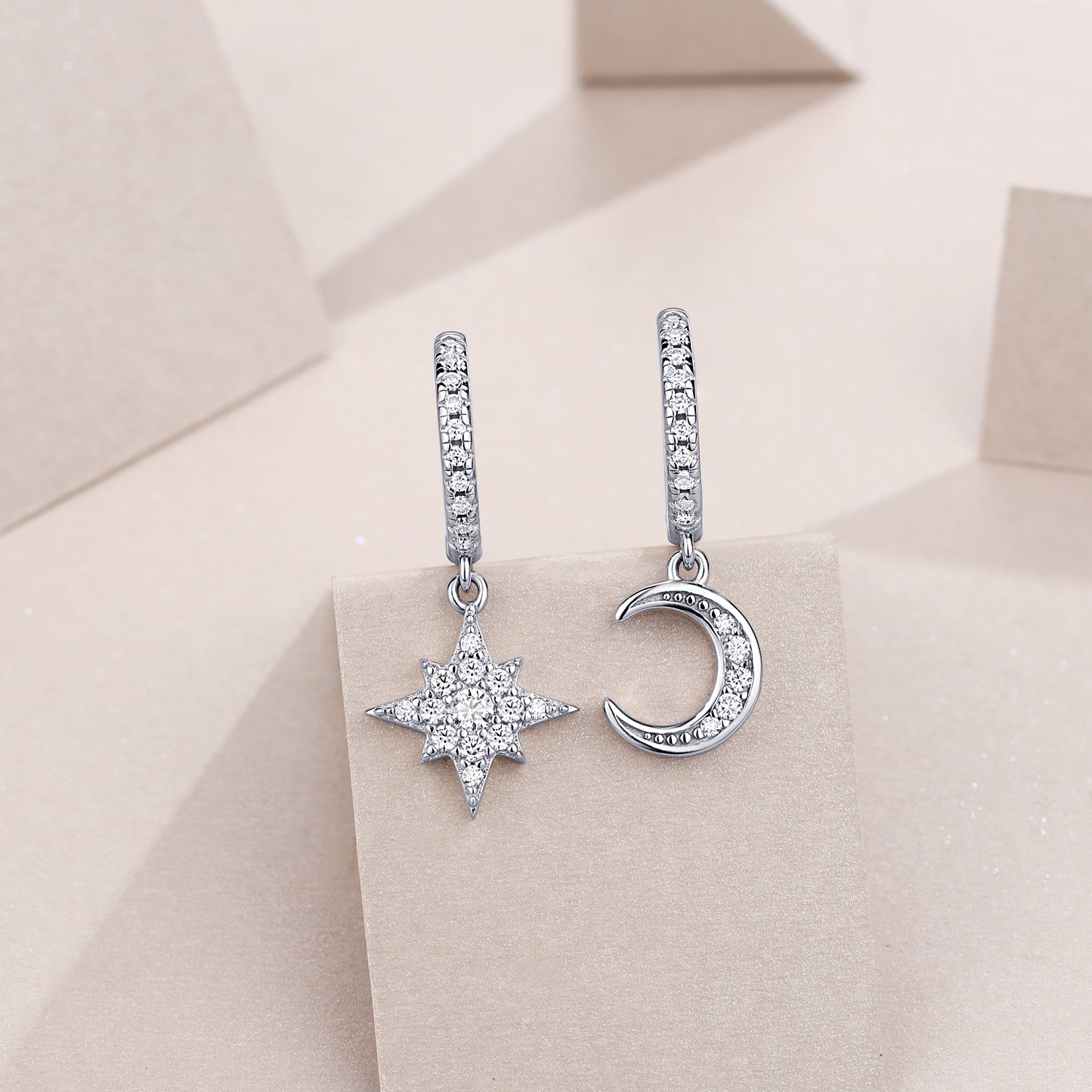 925 Sterling Silver Platinum Moissanite Star and Moon Earrings