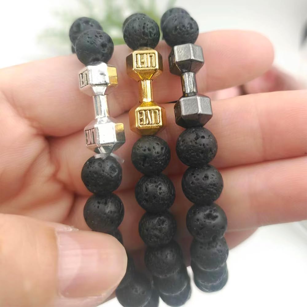 Lava Rock Stone Beads Alloy Metal Barbell Bracelet