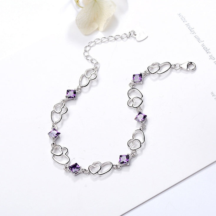 925 Sterling Silver Amethyst Double Heart Bracelet