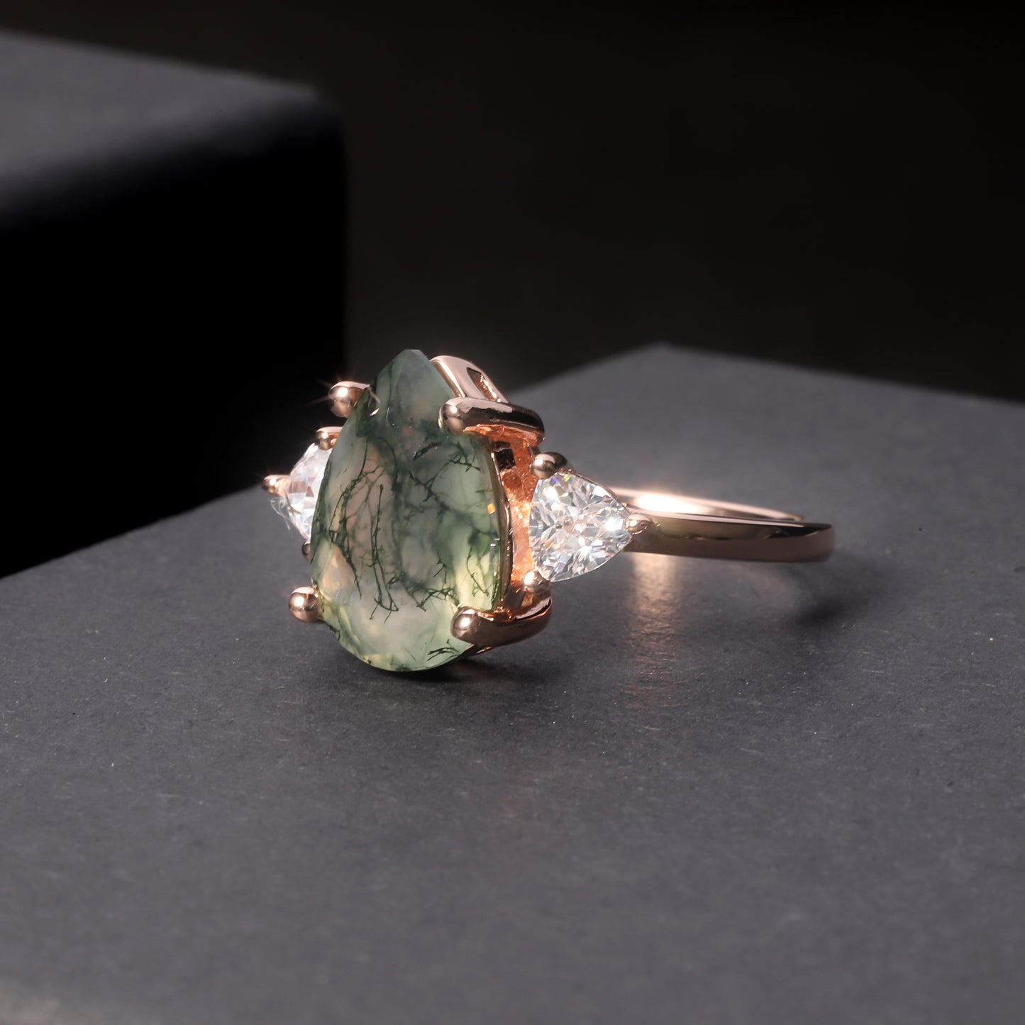 925 Sterling Silver Rose Gold Natural Water Agate Moissanite Ring