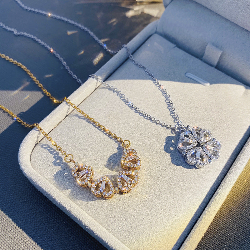 Magnetic Folding Heart Four Leaf Clover Necklace