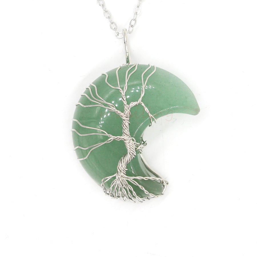Crafted Sliver Natural Amethyst Jade Quarts Opal Tiger Eye Onyx Crystal Moon Tree Pendant Necklace