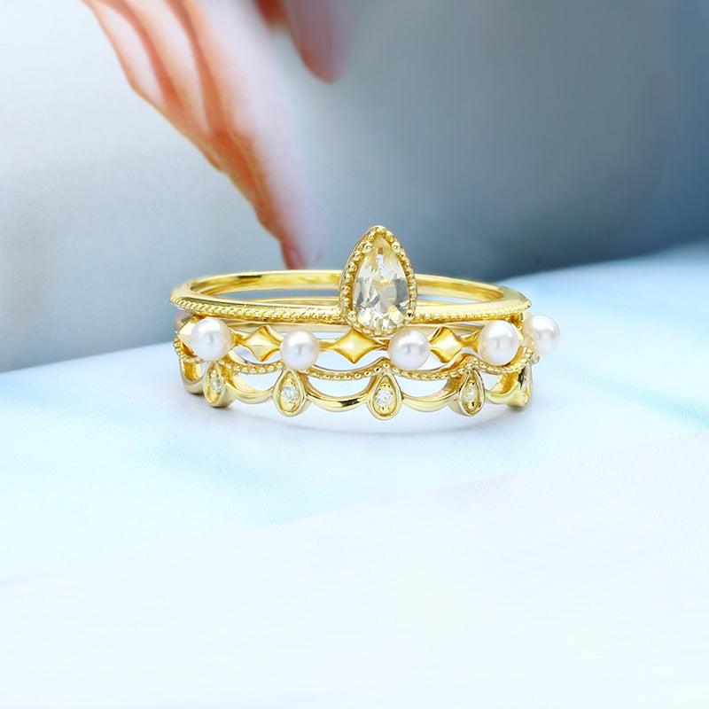 925 Sterling Silver 14K Gold Topaz Pearl Stackable Rings