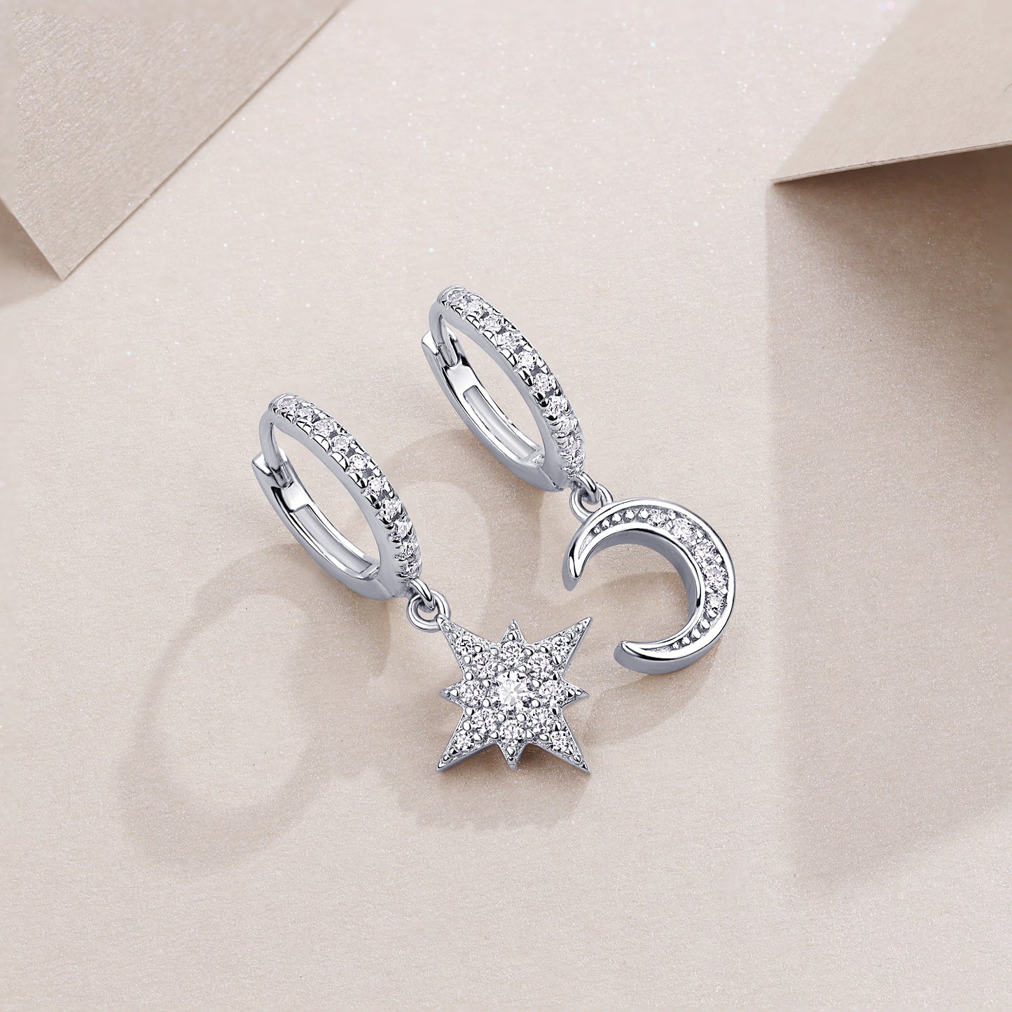 925 Sterling Silver Platinum Moissanite Star and Moon Earrings