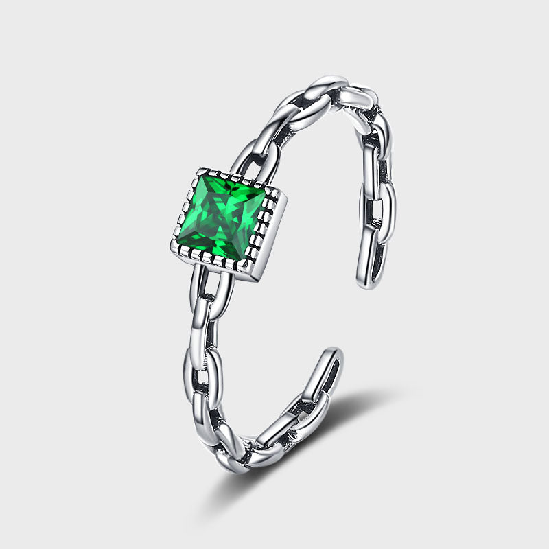 925 Sterling Silver Green Zircon Chain Ring