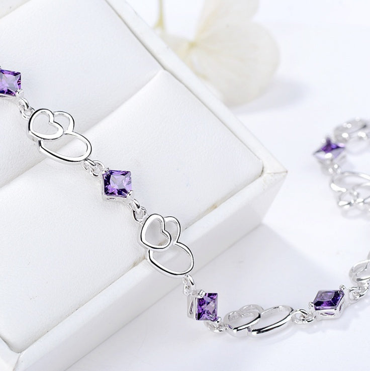 925 Sterling Silver Amethyst Double Heart Bracelet