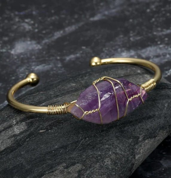 Crafted Natural Amethyst, Green Fluorite, Rose Quarts Bangle Bracelet