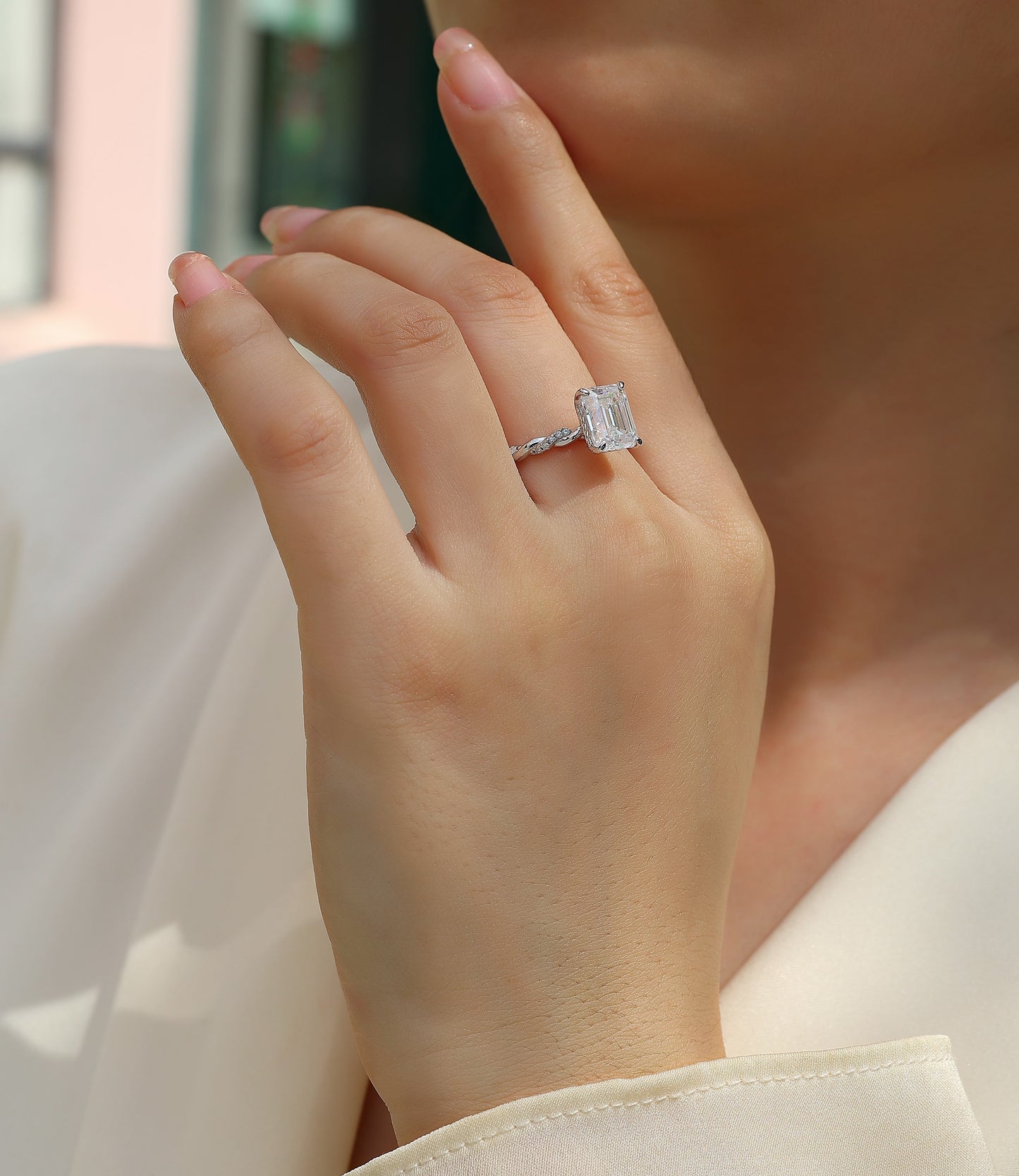 925 Sterling Silver Platinum Moissanite Ring