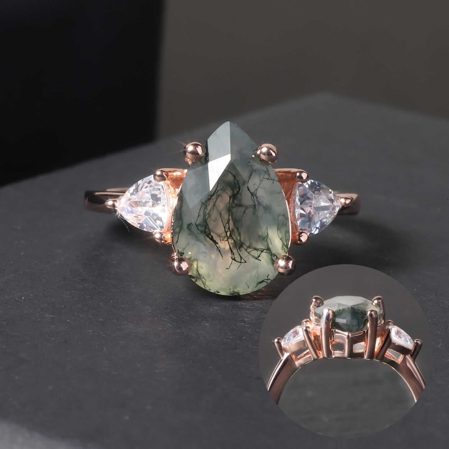 925 Sterling Silver Rose Gold Natural Water Agate Moissanite Ring