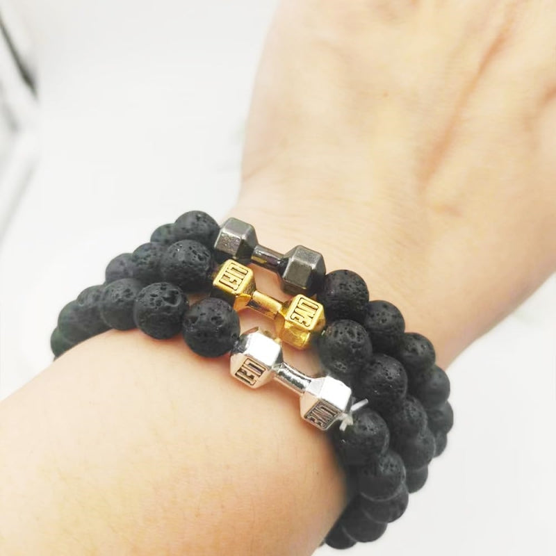 Lava Rock Stone Beads Alloy Metal Barbell Bracelet