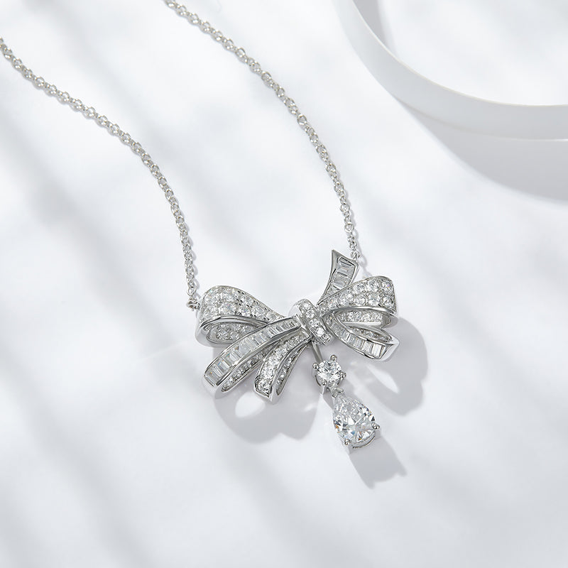 925 Sterling Silver Platinum Moissanite Ribbon Necklace