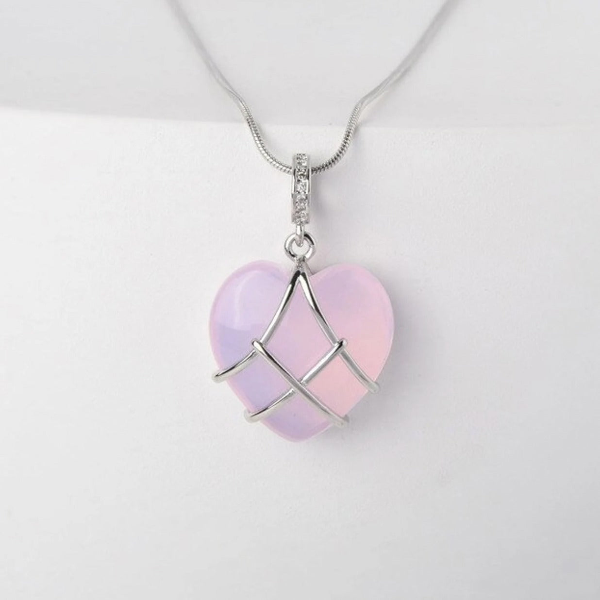Crafted 925 Sterling Silver Gold Copper Natural Moonstone Pink Quarts Heart Wired Necklace
