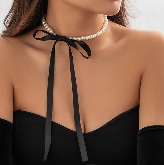 Pearl Black Ribbon Necklace