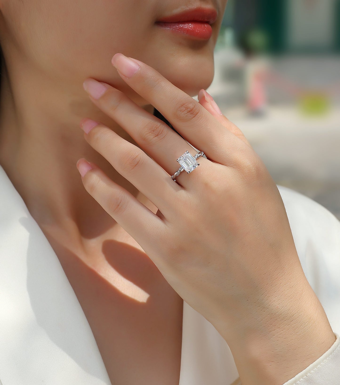925 Sterling Silver Platinum Moissanite Ring