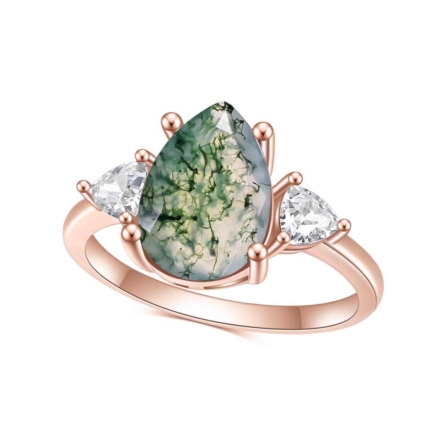 925 Sterling Silver Rose Gold Natural Water Agate Moissanite Ring