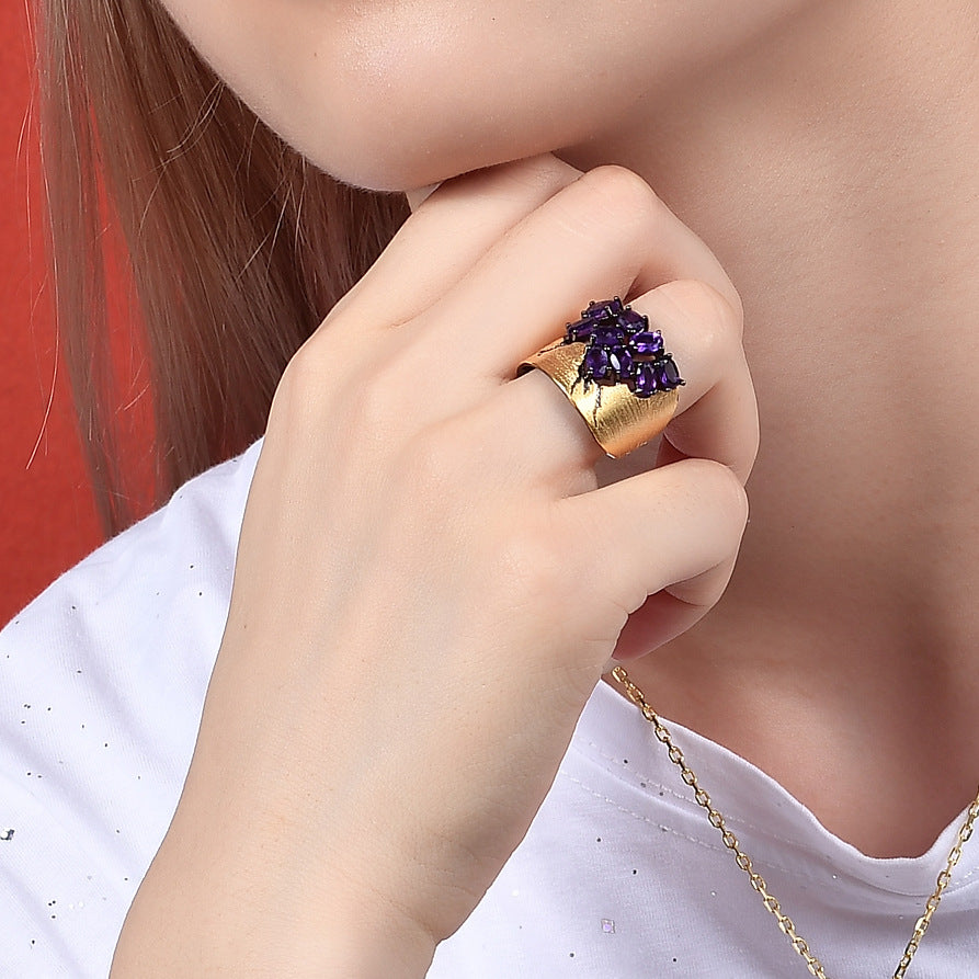 925 Sterling Silver Gold Inlaid Amethyst London Blue Topaz Peridot Ring