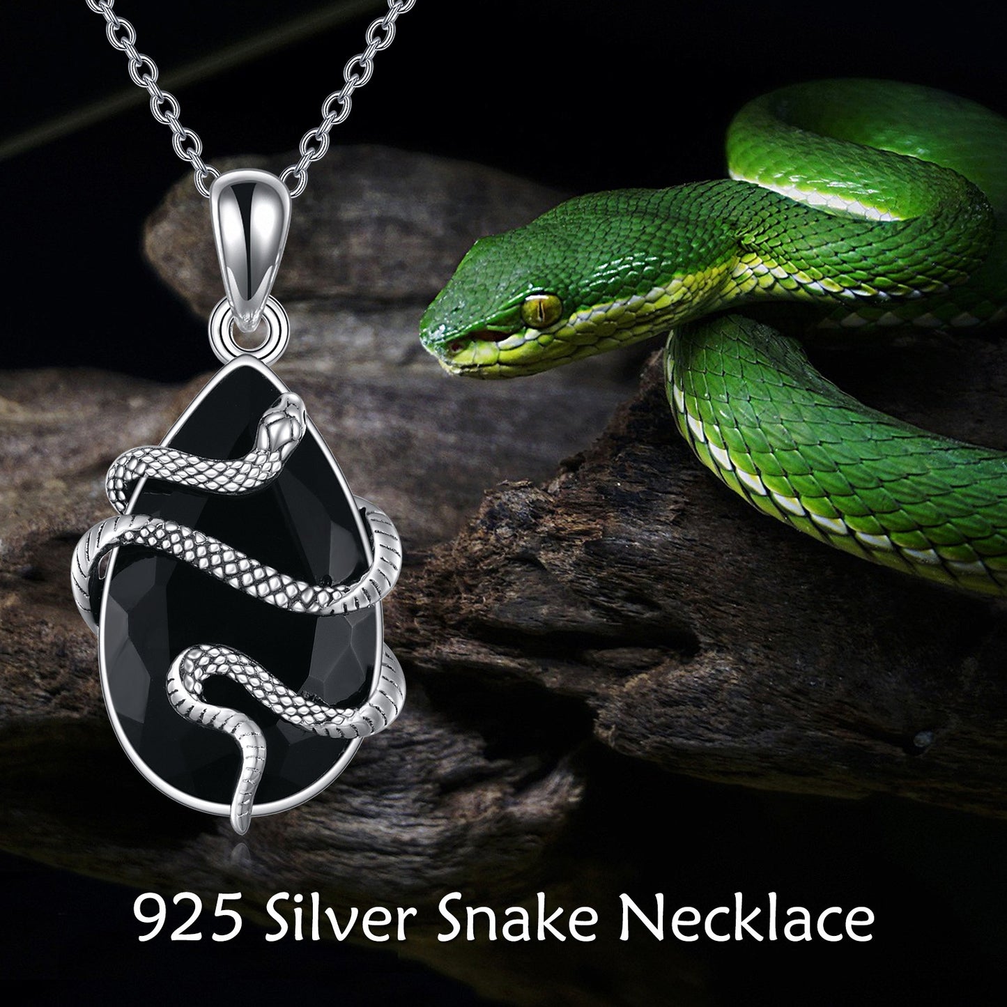 925 Sterling Silver Black Obsidian Tourmaline Snake Necklace