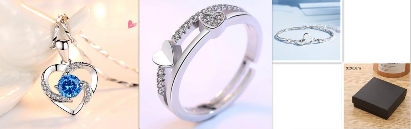 925 Sterling Silver Heart Bracelet Ring Necklace