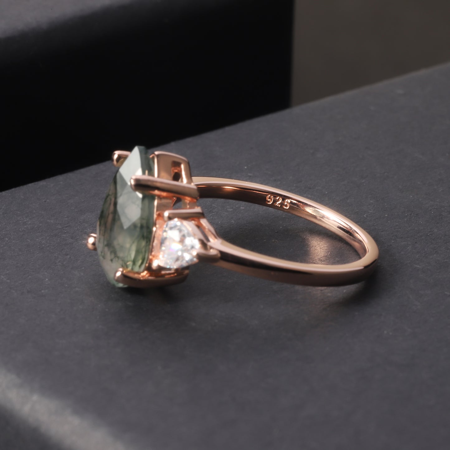 925 Sterling Silver Rose Gold Natural Water Agate Moissanite Ring