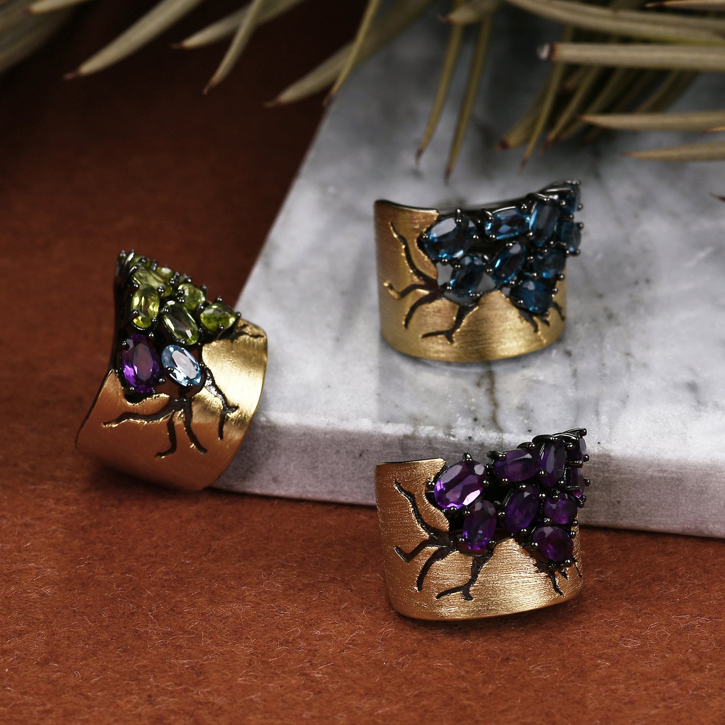925 Sterling Silver Gold Inlaid Amethyst London Blue Topaz Peridot Ring