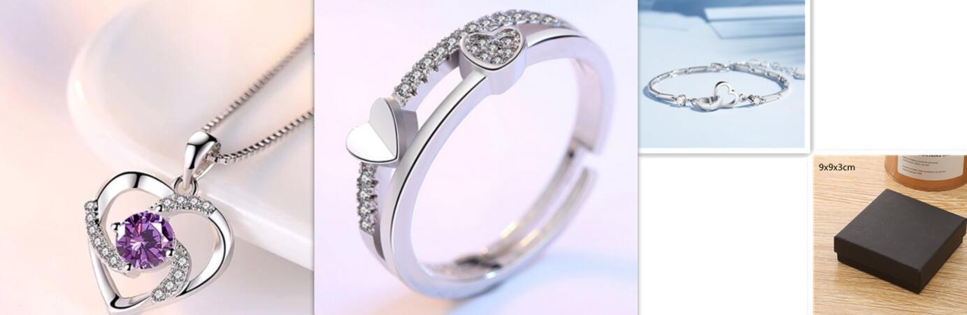 925 Sterling Silver Heart Bracelet Ring Necklace