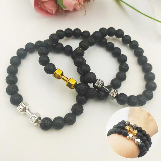 Lava Rock Stone Beads Alloy Metal Barbell Bracelet