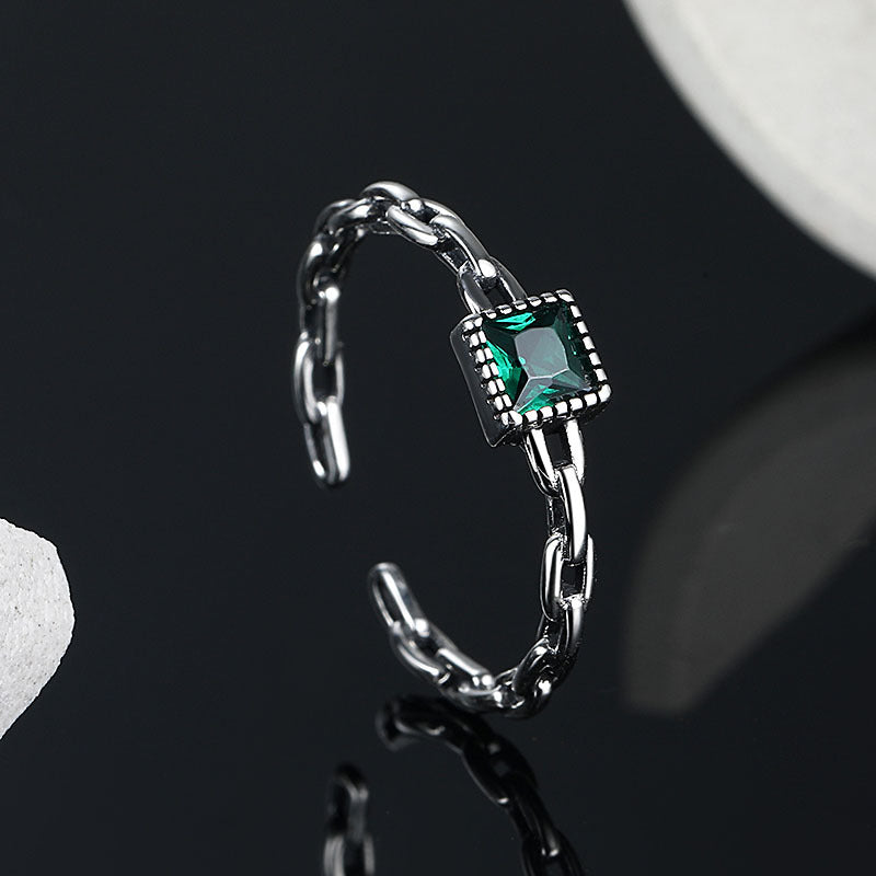 925 Sterling Silver Green Zircon Chain Ring