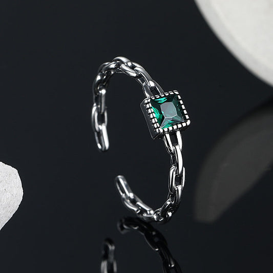 925 Sterling Silver Green Zircon Chain Ring