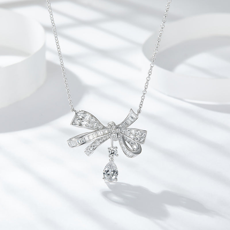 925 Sterling Silver Platinum Moissanite Ribbon Necklace
