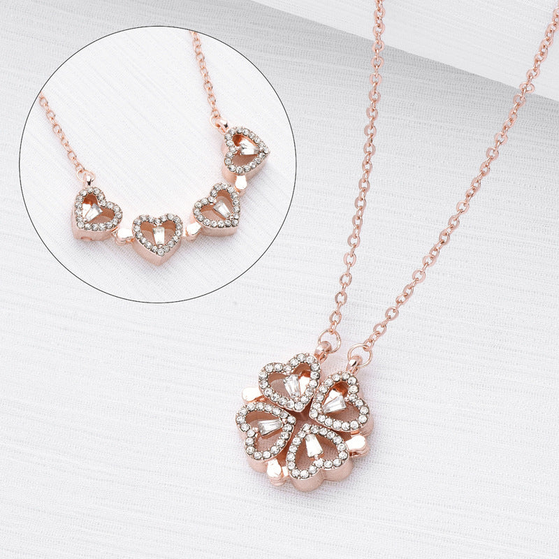 Magnetic Folding Heart Four Leaf Clover Necklace